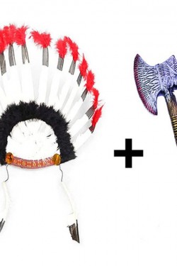 Black and White Indian Feathered Headpiece and Plastic Indian Ax