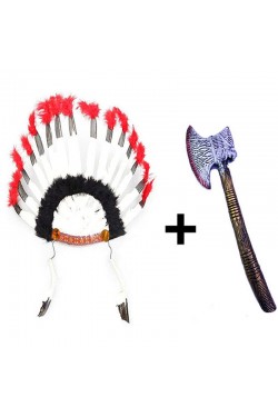Black and White Indian Feathered Headpiece and Plastic Indian Ax