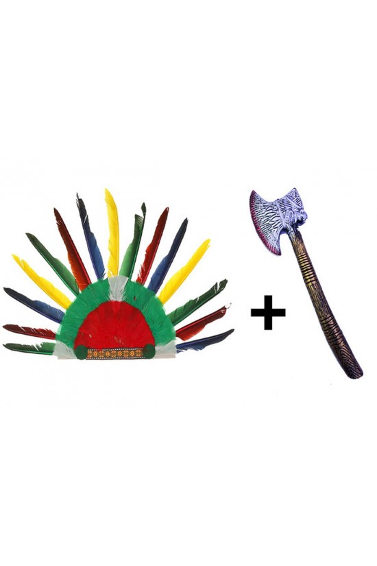 Colorful Indian Feathered Headgear and Plastic Indian Ax Colorful Indian Feathered Headgear and Plastic Indian Ax