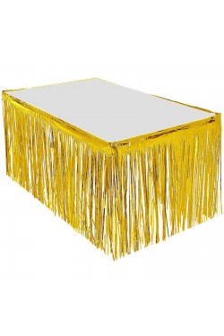 Leuchtender, goldfarbener Tischrock mit Quasten, 75 cm x 4 m