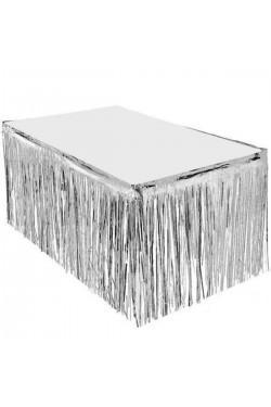 Jupe de Table Couleur Argent Métallisé Lumineux à Pompons 75 cm x 4 m