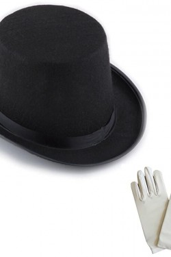 Schwarzer Magier-Fedora PM – 1 Paar weiße Magier-Handschuhe – Erwachsenengröße
