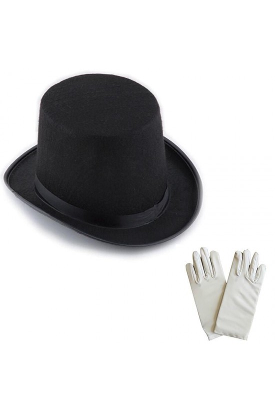 Schwarzer Magier-Fedora PM – 1 Paar weiße Magier-Handschuhe – Erwachsenengröße Schwarzer Magier-Fedora PM – 1 Paar weiße Magier-Handschuhe – Erwachsenengröße