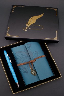 Metal Kalem Ve Mavi Deri Defter
