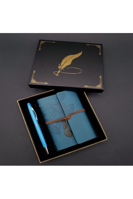 Metal Kalem Ve Mavi Deri Defter