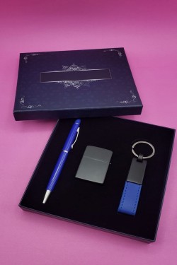 Blauer Stift-Schlüsselanhänger und Feuerzeug-Set